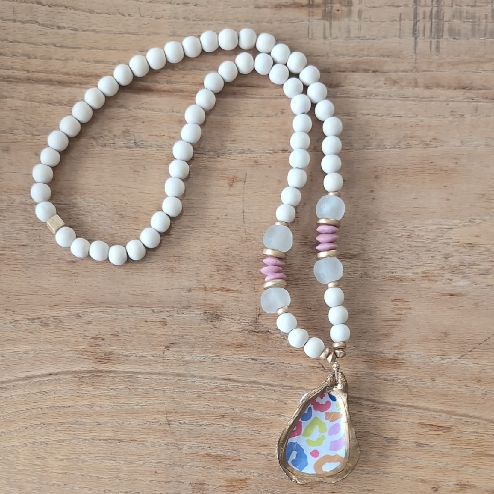 Pink and White Necklace with Oyster Shell Pendant